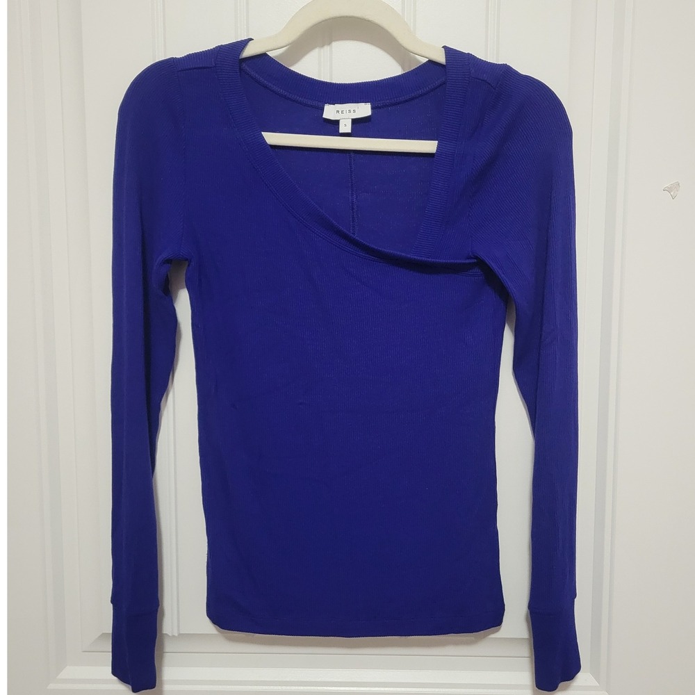 REISS London Womens Carly Asymmetric Neck Jersey Top Ribbed Knit Blue Size Small